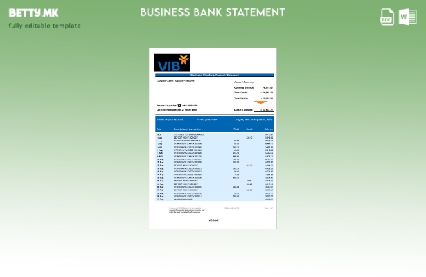 модерен стил на VIB банка извод за деловна сметка за проверка на Word и PDF Шабл